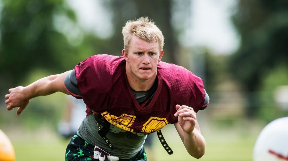 Los Banos defensive back Alec Barcellos works out during practice for the 2015 Lions All-Star Football game.