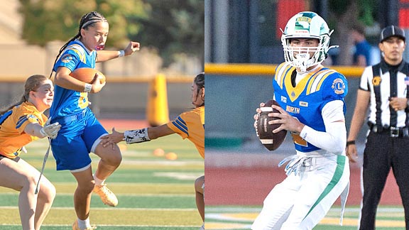 Emma Coronado runs with the ball and Mason Eagal looks to pass during the 2026 Lions All-Star Football Games